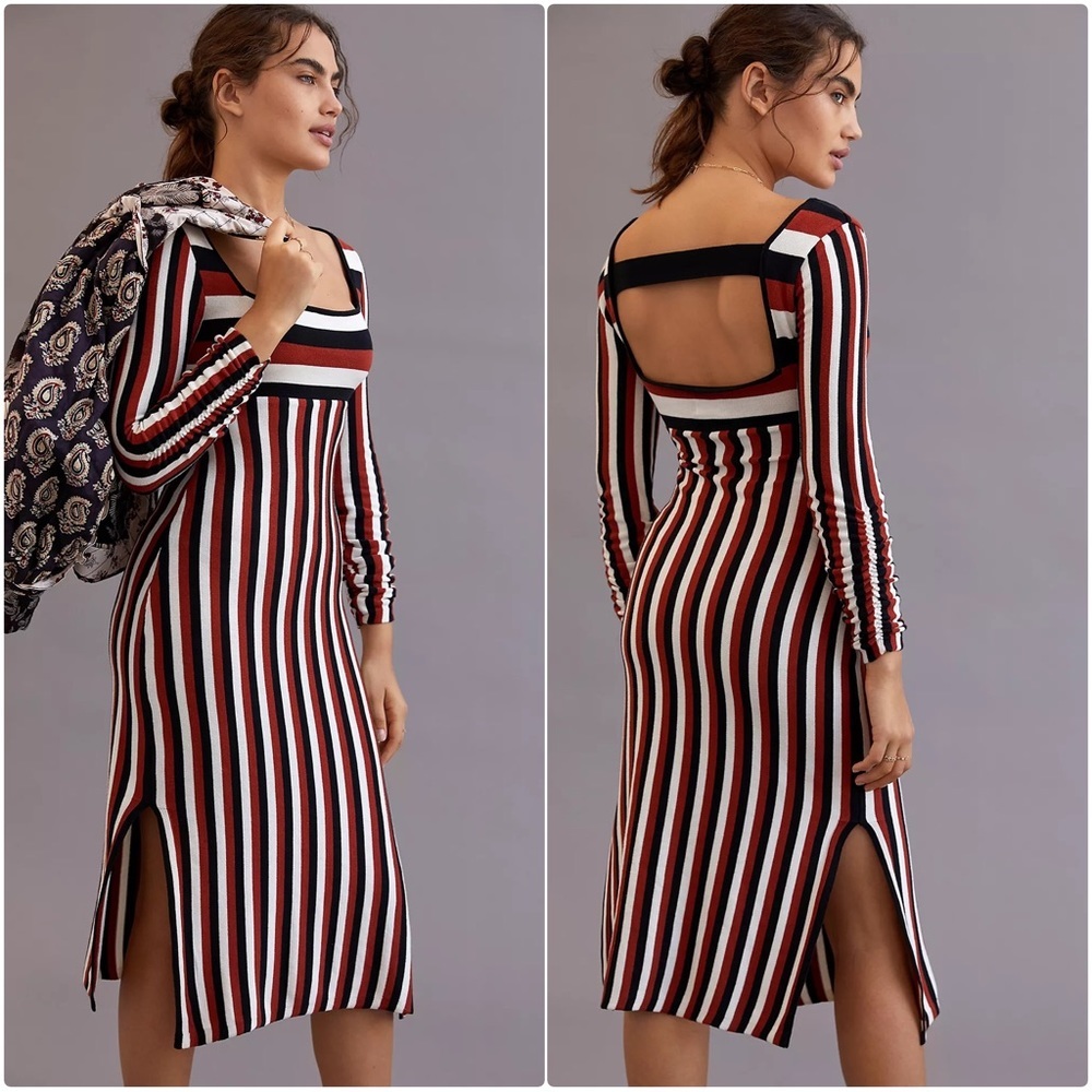Striped Square-Neck Midi Dress in Red, Black & White